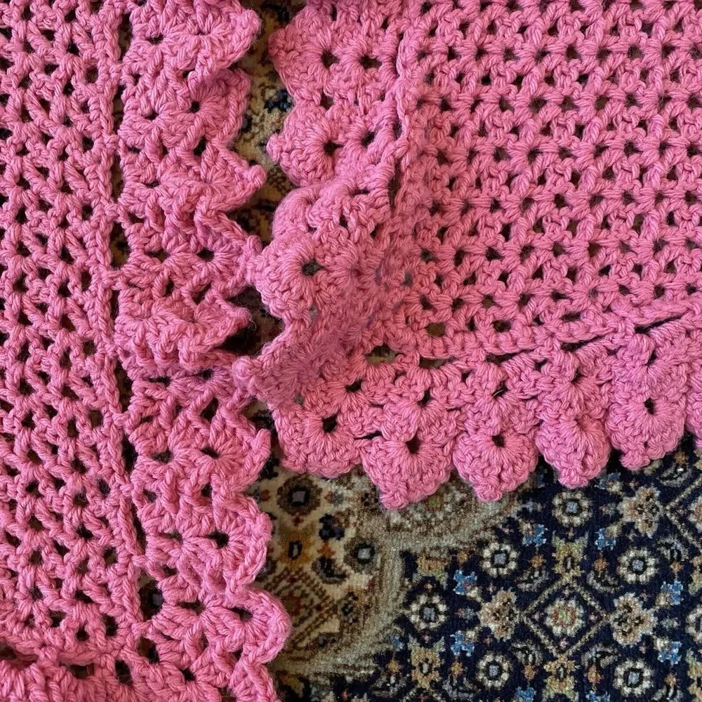 Handmade Crochet Baby Blanket Pink & White 35” X 33” & Shoulder Crochet Burp Pad